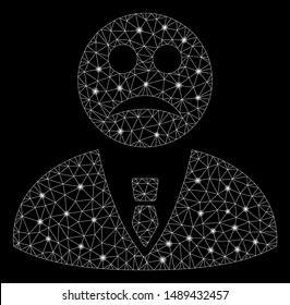 Glossy mesh sad manager with sparkle effect. Abstract illuminated model of sad manager icon. Shiny wire frame triangular mesh sad manager. Vector abstraction on a black background.
