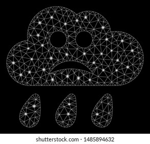 Glossy mesh sad rain cloud with sparkle effect. Abstract illuminated model of sad rain cloud icon. Shiny wire frame triangular mesh sad rain cloud. Vector abstraction on a black background.