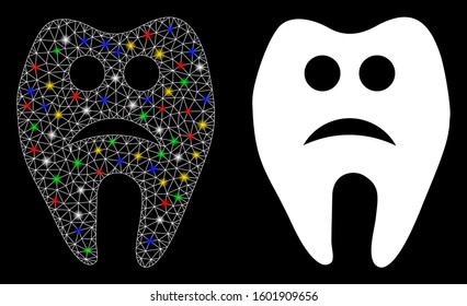 Glossy mesh sad tooth icon with sparkle effect. Abstract illuminated model of sad tooth. Shiny wire carcass polygonal mesh sad tooth icon. Vector abstraction on a black background.