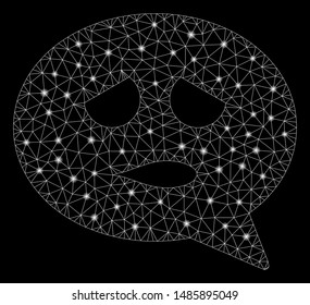 Glossy mesh sadly smiley message with glare effect. Abstract illuminated model of sadly smiley message icon. Shiny wire frame triangular mesh sadly smiley message.