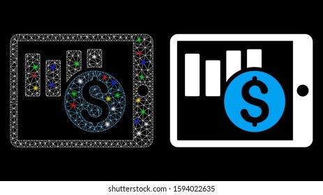 Glossy mesh sales chart on PDA icon with glare effect. Abstract illuminated model of sales chart on PDA. Shiny wire frame triangular mesh sales chart on PDA icon.