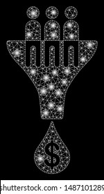Glossy mesh sales filter with glitter effect. Abstract illuminated model of sales filter icon. Shiny wire carcass polygonal mesh sales filter. Vector abstraction on a black background.