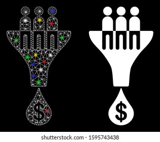 Glossy mesh sales filter icon with sparkle effect. Abstract illuminated model of sales filter. Shiny wire carcass polygonal mesh sales filter icon. Vector abstraction on a black background.