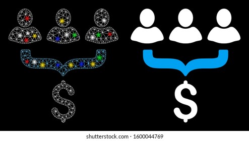 Glossy mesh sales filter icon with glitter effect. Abstract illuminated model of sales filter. Shiny wire frame polygonal network sales filter icon. Vector abstraction on a black background.