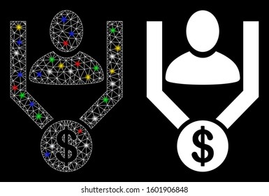 Glossy mesh sales funnel icon with lightspot effect. Abstract illuminated model of sales funnel. Shiny wire carcass triangular mesh sales funnel icon. Vector abstraction on a black background.
