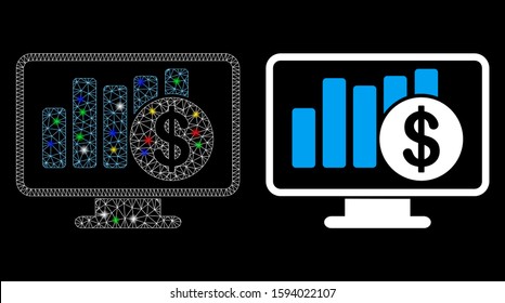 Glossy mesh sales monitor icon with sparkle effect. Abstract illuminated model of sales monitor. Shiny wire carcass polygonal mesh sales monitor icon. Vector abstraction on a black background.