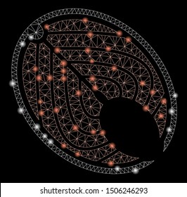 Glossy mesh salmon fish slice with glitter effect. Abstract illuminated model of salmon fish slice icon. Shiny wire frame polygonal mesh salmon fish slice. Vector abstraction on a black background.