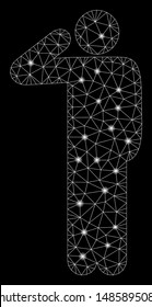 Glossy mesh salute pose with glitter effect. Abstract illuminated model of salute pose icon. Shiny wire carcass triangular mesh salute pose. Vector abstraction on a black background.