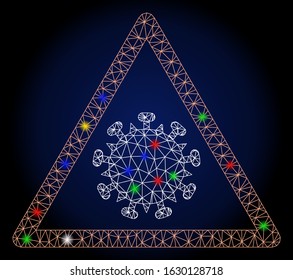 Glossy mesh SARS virus warning with glitter effect. Abstract illuminated model of SARS virus warning. Shiny wire carcass triangular mesh SARS virus warning icon.