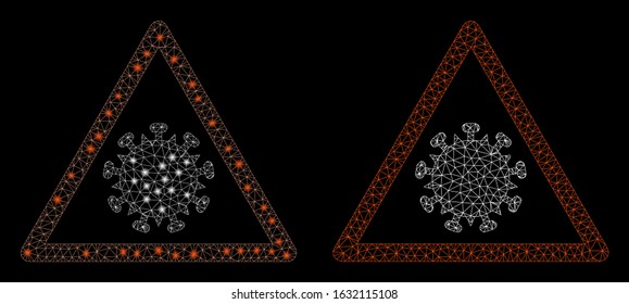 Glossy mesh SARS virus warning with glare effect. Abstract illuminated model of SARS virus warning icon. Shiny wire frame triangular mesh SARS virus warning icon.