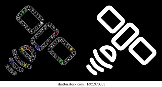 Glossy mesh satellite icon with glow effect. Abstract illuminated model of satellite. Shiny wire frame triangular mesh satellite icon. Vector abstraction on a black background.