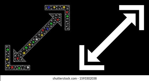 Glossy mesh scalability icon with sparkle effect. Abstract illuminated model of scalability. Shiny wire carcass polygonal mesh scalability icon. Vector abstraction on a black background.