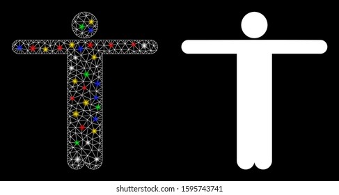 Glossy mesh scarecrow pose icon with lightspot effect. Abstract illuminated model of scarecrow pose. Shiny wire frame polygonal mesh scarecrow pose icon. Vector abstraction on a black background.