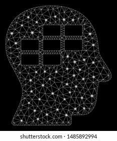 Glossy mesh schedule thinking with sparkle effect. Abstract illuminated model of schedule thinking icon. Shiny wire frame triangular mesh schedule thinking. Vector abstraction on a black background.