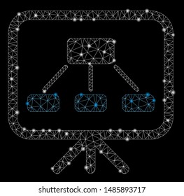 Glossy mesh scheme demonstration screen with glow effect. Abstract illuminated model of scheme demonstration screen icon. Shiny wire frame triangular mesh scheme demonstration screen.