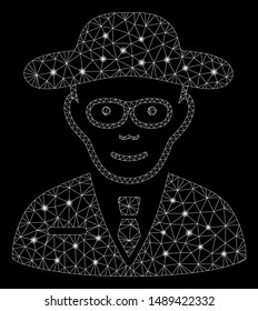 Glossy mesh scientist with glow effect. Abstract illuminated model of scientist icon. Shiny wire frame polygonal mesh scientist. Vector abstraction on a black background.