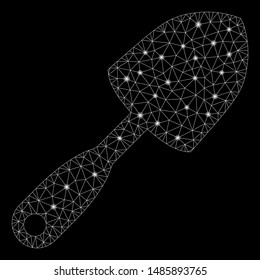 Glossy mesh scoop shovel with lightspot effect. Abstract illuminated model of scoop shovel icon. Shiny wire frame triangular mesh scoop shovel. Vector abstraction on a black background.