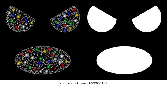 Glossy mesh scream smiley icon with lightspot effect. Abstract illuminated model of scream smiley. Shiny wire carcass triangular mesh scream smiley icon. Vector abstraction on a black background.