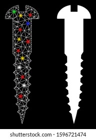 Glossy mesh screw icon with glare effect. Abstract illuminated model of screw. Shiny wire carcass polygonal mesh screw icon. Vector abstraction on a black background.
