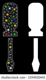 Glossy mesh screwdriver icon with sparkle effect. Abstract illuminated model of screwdriver. Shiny wire frame polygonal mesh screwdriver icon. Vector abstraction on a black background.