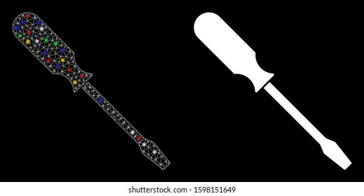 Glossy mesh screwdriver icon with sparkle effect. Abstract illuminated model of screwdriver. Shiny wire frame polygonal mesh screwdriver icon. Vector abstraction on a black background.