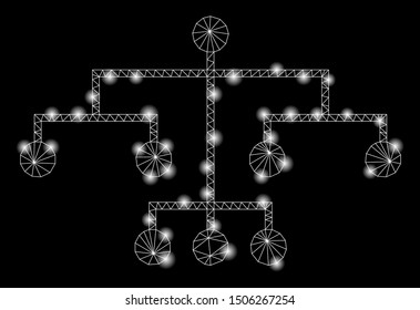 Glossy mesh script tree with lightspot effect. Abstract illuminated model of script tree icon. Shiny wire frame polygonal mesh script tree. Vector abstraction on a black background.