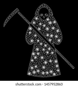 Glossy mesh scytheman with glitter effect. Abstract illuminated model of scytheman icon. Shiny wire frame polygonal network scytheman. Vector abstraction on a black background.