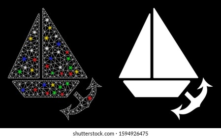 Glossy mesh seaport icon with glitter effect. Abstract illuminated model of seaport. Shiny wire frame polygonal mesh seaport icon. Vector abstraction on a black background.