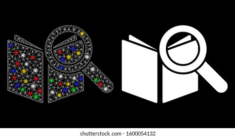 Glossy mesh search book icon with lightspot effect. Abstract illuminated model of search book. Shiny wire carcass triangular network search book icon. Vector abstraction on a black background.