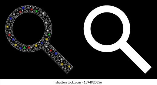Glossy mesh search icon with glare effect. Abstract illuminated model of search. Shiny wire carcass triangular mesh search icon. Vector abstraction on a black background.