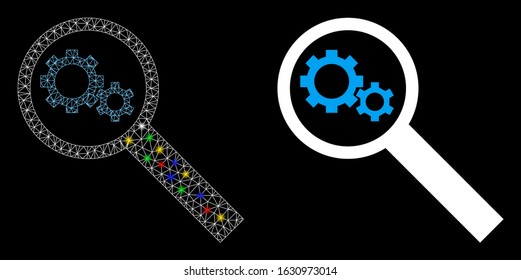 Glossy mesh search tools icon with lightspot effect. Abstract illuminated model of search tools. Shiny wire carcass triangular mesh search tools icon. Vector abstraction on a black background.