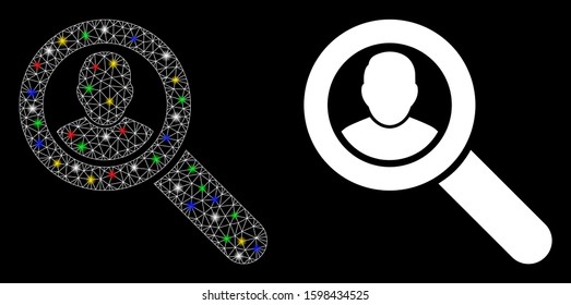 Glossy mesh search user icon with glow effect. Abstract illuminated model of search user. Shiny wire carcass triangular mesh search user icon. Vector abstraction on a black background.