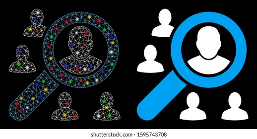 Glossy mesh search users icon with lightspot effect. Abstract illuminated model of search users. Shiny wire carcass polygonal network search users icon. Vector abstraction on a black background.