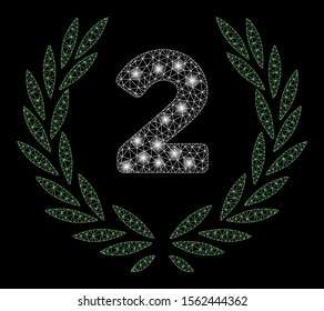 Glossy mesh second laurel wreath with glitter effect. Abstract illuminated model of second laurel wreath icon. Shiny wire carcass triangular mesh second laurel wreath.