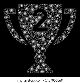 Glossy mesh second place with sparkle effect. Abstract illuminated model of second place icon. Shiny wire frame triangular mesh second place. Vector abstraction on a black background.