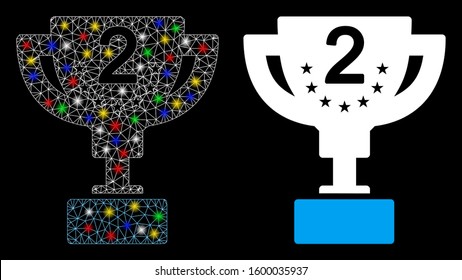 Glossy mesh second prize cup icon with glitter effect. Abstract illuminated model of second prize cup. Shiny wire carcass triangular mesh second prize cup icon.