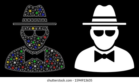 Glossy mesh secret agent icon with glare effect. Abstract illuminated model of secret agent. Shiny wire carcass triangular network secret agent icon. Vector abstraction on a black background.