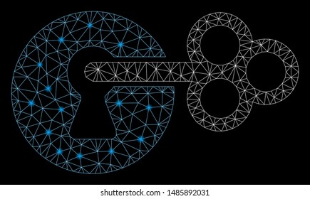 Glossy mesh secret key with glitter effect. Abstract illuminated model of secret key icon. Shiny wire carcass triangular mesh secret key. Vector abstraction on a black background.