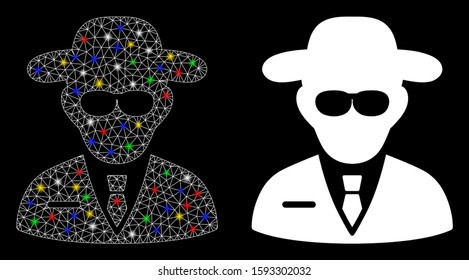 Glossy mesh secure agent icon with lightspot effect. Abstract illuminated model of secure agent. Shiny wire carcass polygonal mesh secure agent icon. Vector abstraction on a black background.