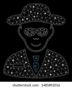Glossy mesh security agent with glitter effect. Abstract illuminated model of security agent icon. Shiny wire frame triangular mesh security agent. Vector abstraction on a black background.