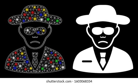 Glossy mesh security agent icon with lightspot effect. Abstract illuminated model of security agent. Shiny wire frame polygonal mesh security agent icon. Vector abstraction on a black background.