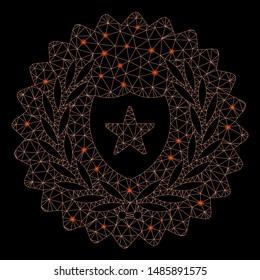 Glossy mesh security stamp with glow effect. Abstract illuminated model of security stamp icon. Shiny wire frame polygonal mesh security stamp. Vector abstraction on a black background.