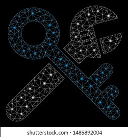 Glossy mesh security tools with sparkle effect. Abstract illuminated model of security tools icon. Shiny wire carcass polygonal mesh security tools. Vector abstraction on a black background.