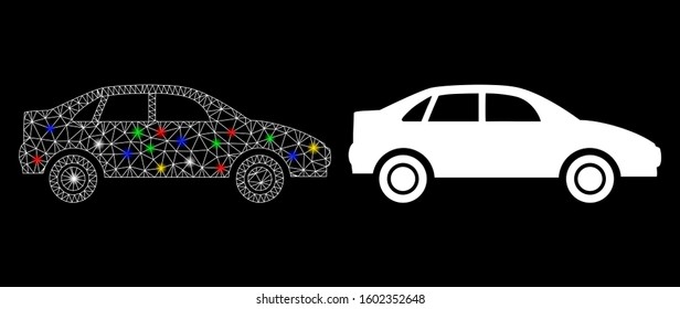 Glossy mesh sedan car icon with glitter effect. Abstract illuminated model of sedan car. Shiny wire carcass polygonal mesh sedan car icon. Vector abstraction on a black background.