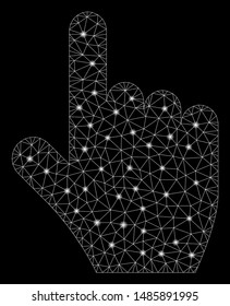 Glossy mesh select gesture with lightspot effect. Abstract illuminated model of select gesture icon. Shiny wire frame triangular network select gesture. Vector abstraction on a black background.