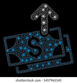 Glossy mesh send banknotes with sparkle effect. Abstract illuminated model of send banknotes icon. Shiny wire carcass polygonal mesh send banknotes. Vector abstraction on a black background.