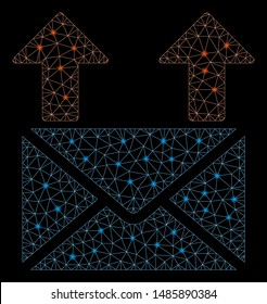 Glossy mesh send mail with glare effect. Abstract illuminated model of send mail icon. Shiny wire frame triangular mesh send mail. Vector abstraction on a black background.