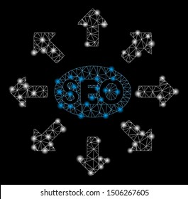 Glossy mesh seo distribution with lightspot effect. Abstract illuminated model of seo distribution icon. Shiny wire frame polygonal mesh seo distribution. Vector abstraction on a black background.