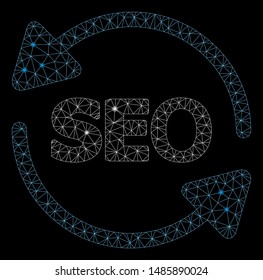 Glossy mesh seo process with glare effect. Abstract illuminated model of seo process icon. Shiny wire carcass triangular network seo process. Vector abstraction on a black background.
