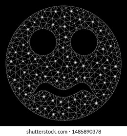 Glossy mesh serious smiley with glow effect. Abstract illuminated model of serious smiley icon. Shiny wire carcass polygonal mesh serious smiley. Vector abstraction on a black background.
